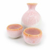 Japanese ceramic sake service, pink and white, 2 glasses and 1 bottle, PINKU