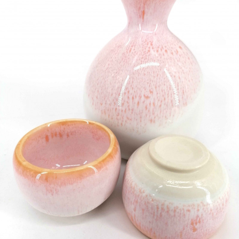 Japanese ceramic sake service, pink and white, 2 glasses and 1 bottle, PINKU