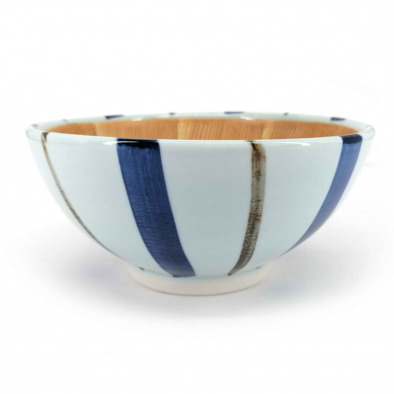 Japanese ceramic suribachi bowl, white with blue stripes, SUTORAIPU