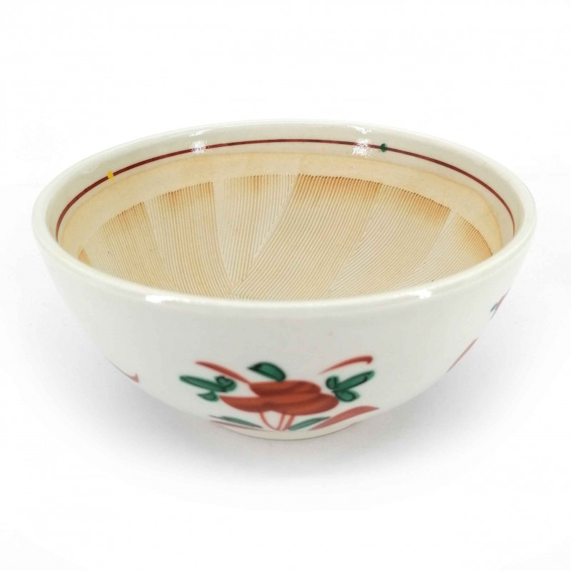 Cuenco suribachi de cerámica japonesa, motivos blancos, naranjas y verdes, SHIZEN