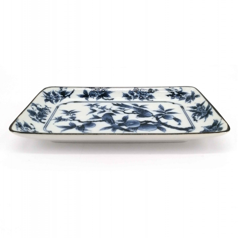 Japanese rectangular plate, white with blue bird patterns, TORI