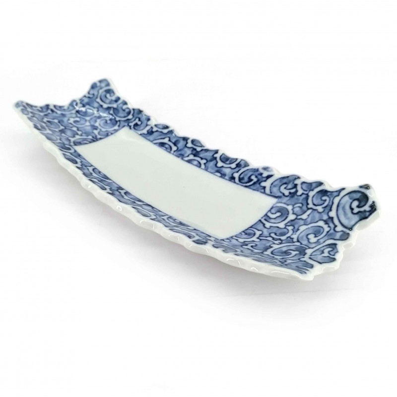 Japanese rectangular plate, white with blue patterns, KARAKUSA