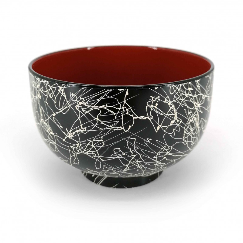 Lacquered soup bowl, black with random lines, RAKUGAKI