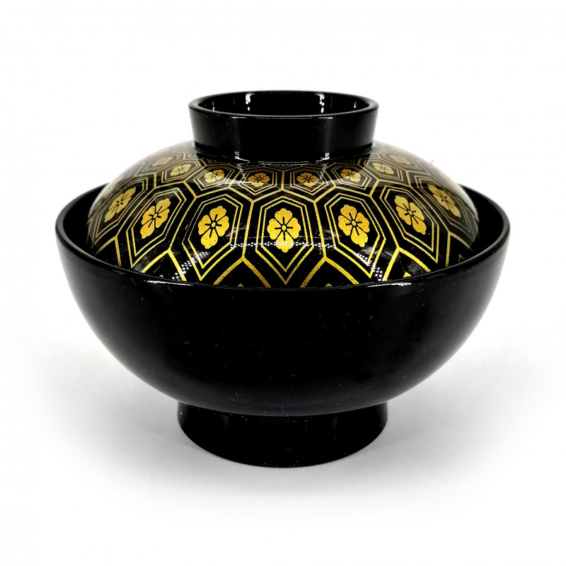 Bol à soupe laqué avec couvercle, noir et motifs géométriques dorés, HANA JIOMETORI