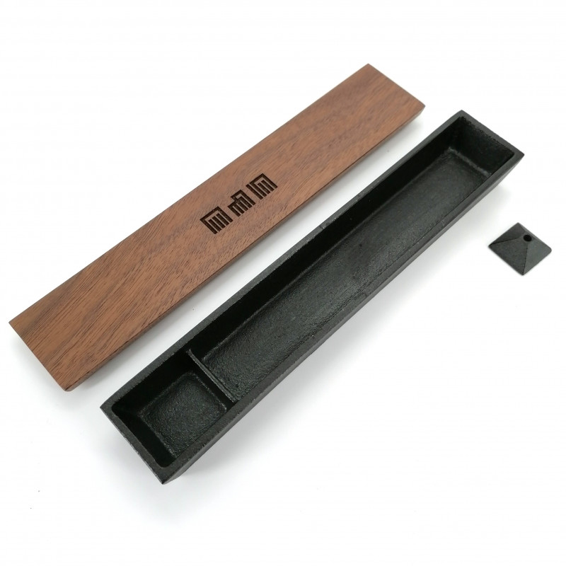 Japanese cast-iron incense holder, GENJIKOU wooden cover, black