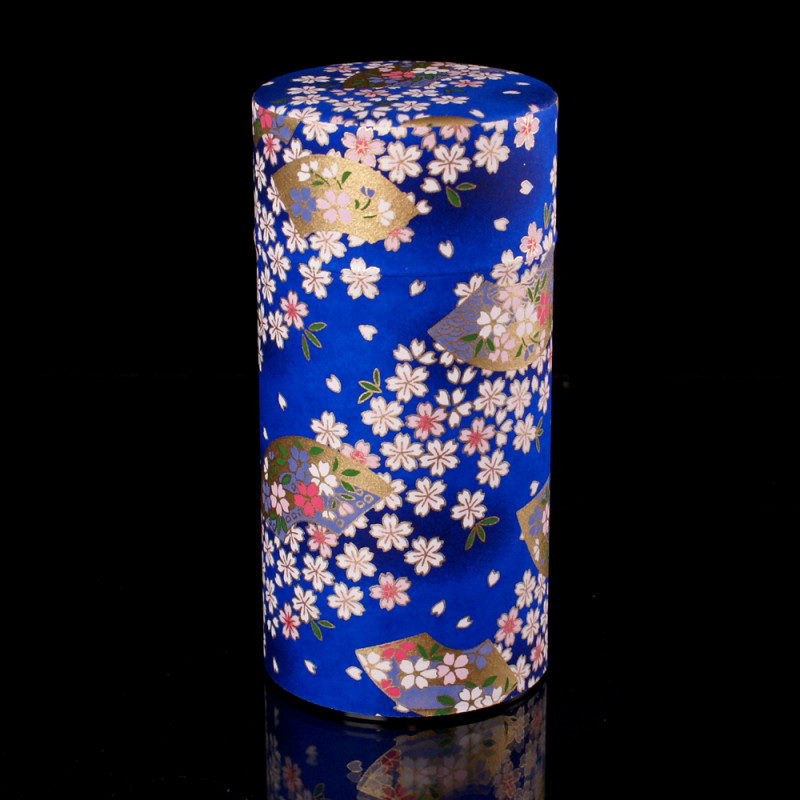 Japanische Teedose aus Washi-Papier, FLEURS, blau