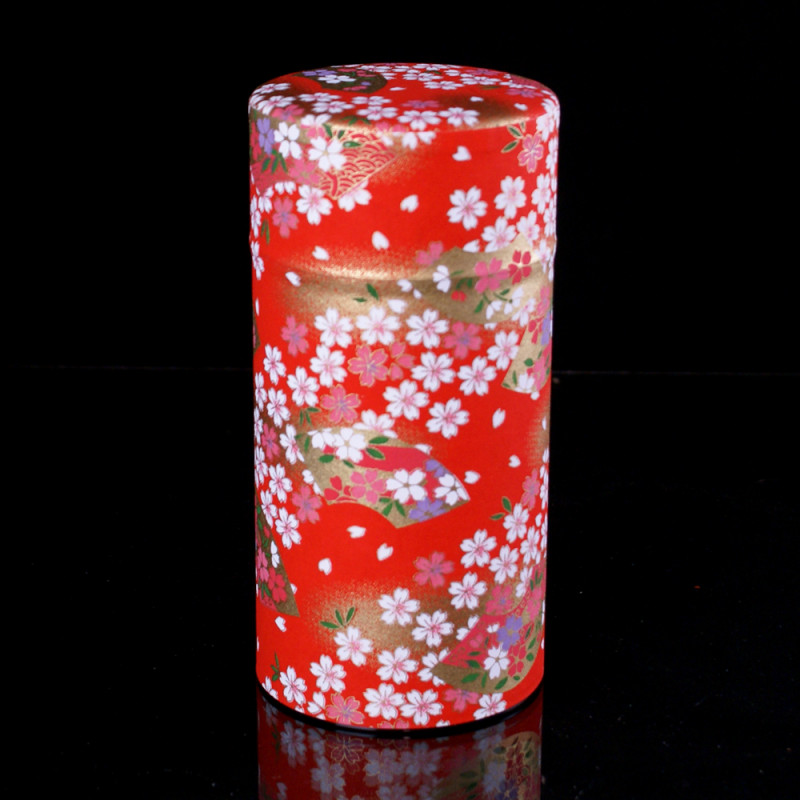 Japanische Teedose aus Washi-Papier, BLUMEN, rot