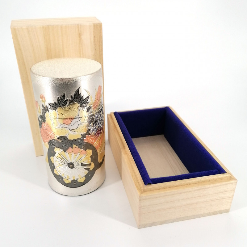 boîte à thé japonaise en aluminium, KOKUSHO MATSURI KATO, argenté avec boîte en bois