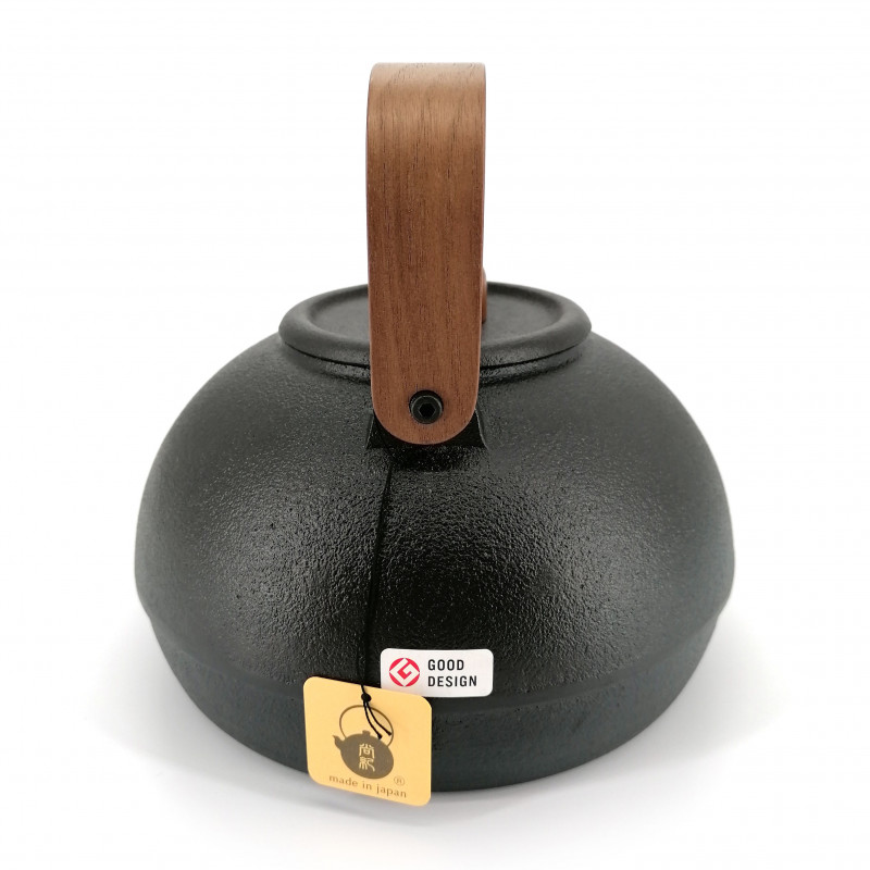 Japanese cast iron kettle with brown wooden handle, MOKUSEI HANDORU, black