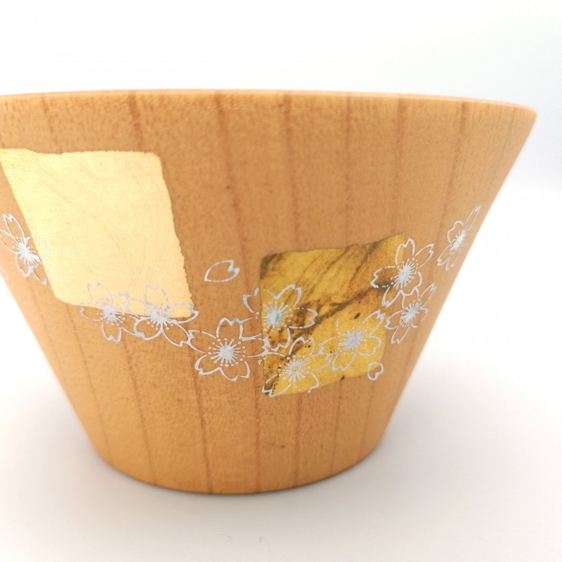 Japanese rice bowl in cedar wood with cherry blossom motif lacquered in gold and silver, MAKIE SAKURA