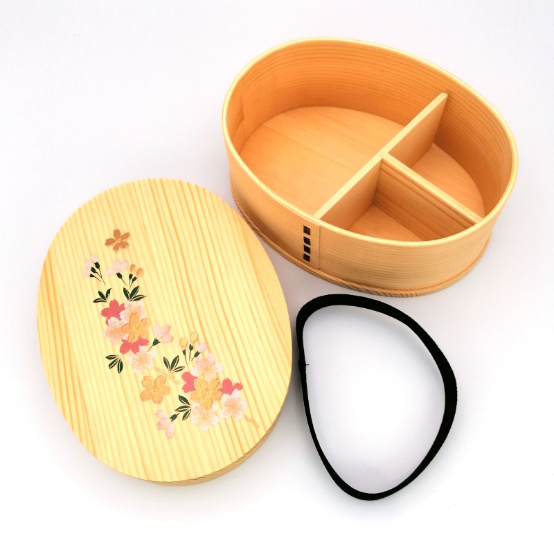 Fiambrera bento japonesa ovalada en madera de cedro con dibujo de flor de cerezo lacado, MAKIE SAKURA