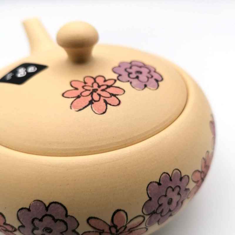 Japanese teapot tokoname kyusu, FURAWAZU, yellow and pink flowers