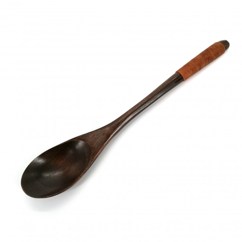 Cucchiaio grande in legno scuro e cordoncino marrone, MOKUSEI SUPUN