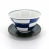 Taza de cerámica japonesa a cuadros azul y platillo gris