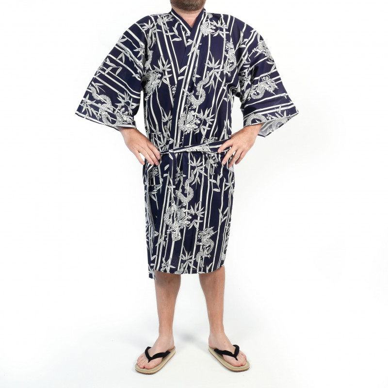Japanese traditional blue happi kimono in bamboo cotton and dragon for men