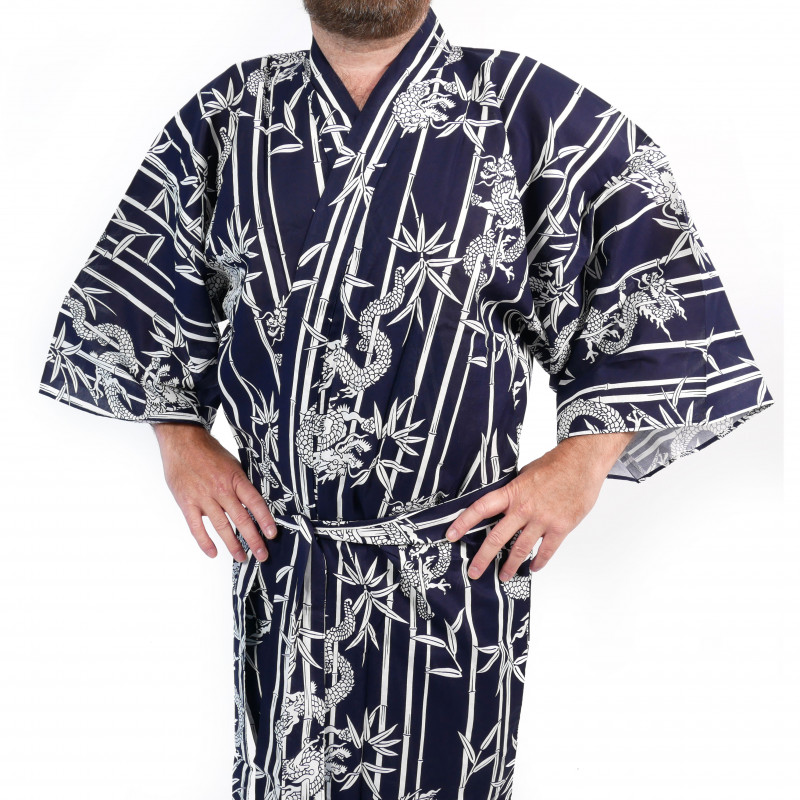 Japanese traditional blue happi kimono in bamboo cotton and dragon for men