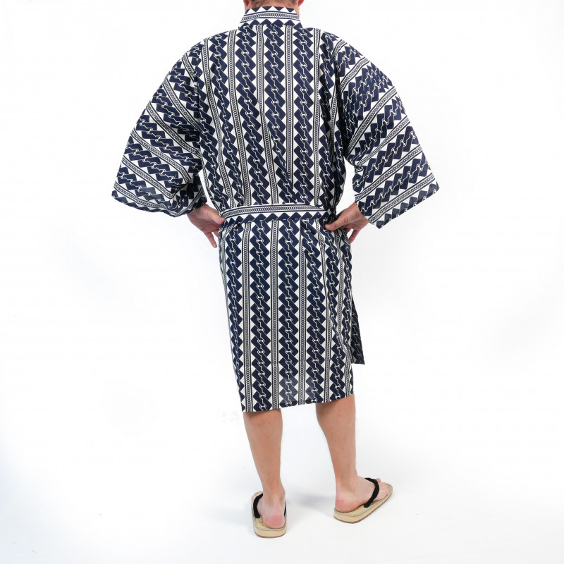 Japanischer traditioneller blauer Baumwoll-Happi-Kimono mit Kettenmuster für Männer