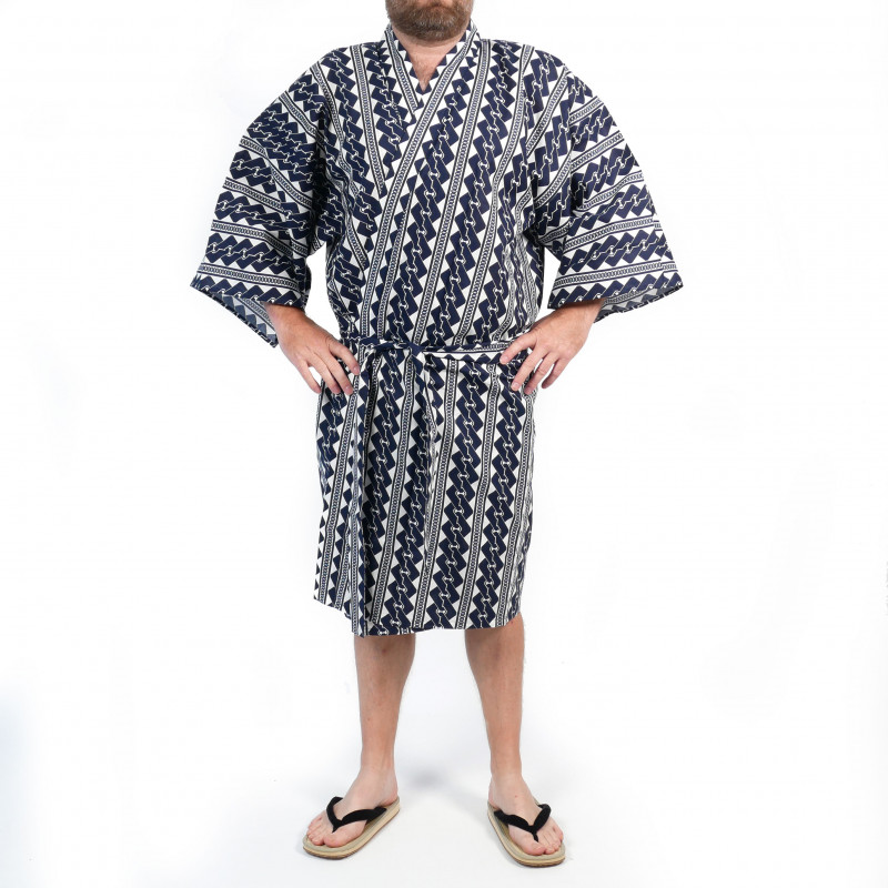 Japanischer traditioneller blauer Baumwoll-Happi-Kimono mit Kettenmuster für Männer
