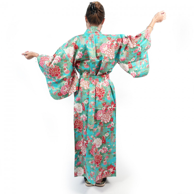 Kimono yukata traditionnel japonais turquoise en coton balles temari et pivoines pour femme