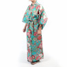 Japanese traditional turquoise yukata kimono in cotton temari balls and peonies for women