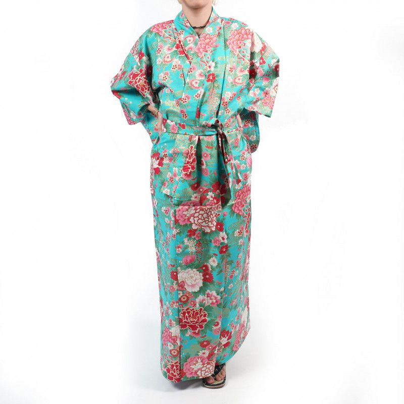 Kimono yukata turquesa tradicional japonés en bolas de temari de algodón y peonías para mujer