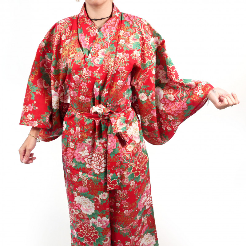 Japanese traditional red cotton yukata kimono with temari balls and peonies for women