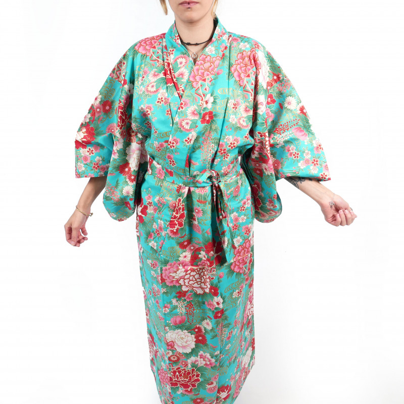 Kimono yukata turquesa tradicional japonés en bolas de temari de algodón y peonías para mujer