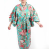 Kimono yukata turchese tradizionale giapponese in palline di cotone temari e peonie per le donne