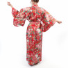 Kimono yukata traditionnel japonais rouge en coton balles temari et pivoines pour femme