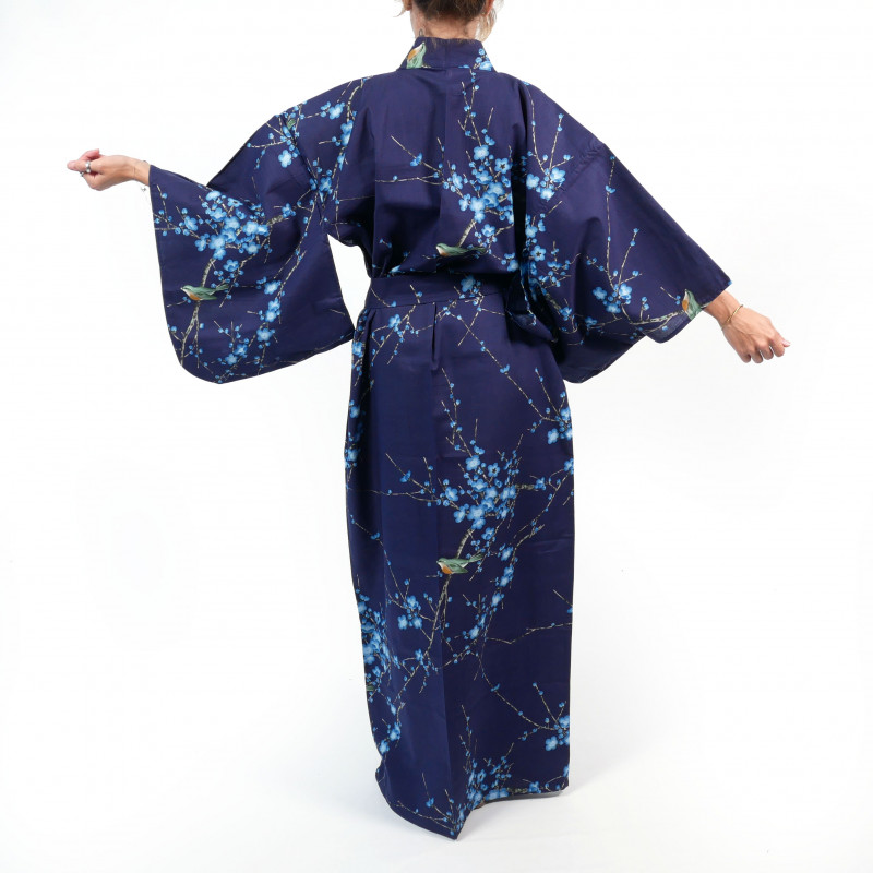 kimono yukata traditionnel japonais bleu en coton oiseau et fleurs prune pour femme