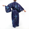Japanese traditional blue cotton yukata kimono with bird and plum flowers for women