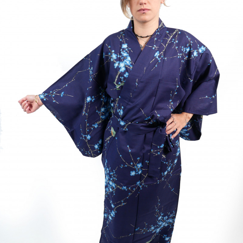 Kimono yukata de algodón azul tradicional japonés con flores de pájaro y ciruela para mujer