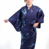 Japanischer traditioneller blauer Yukata-Kimono aus Baumwolle mit Vogel- und Pflaumenblüten für Frauen