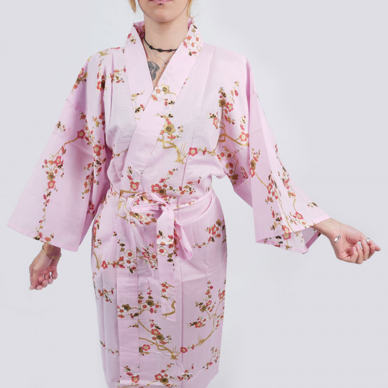 Kimono de happi tradicional japonés flores de ciruela dorada de algodón rosa para mujer