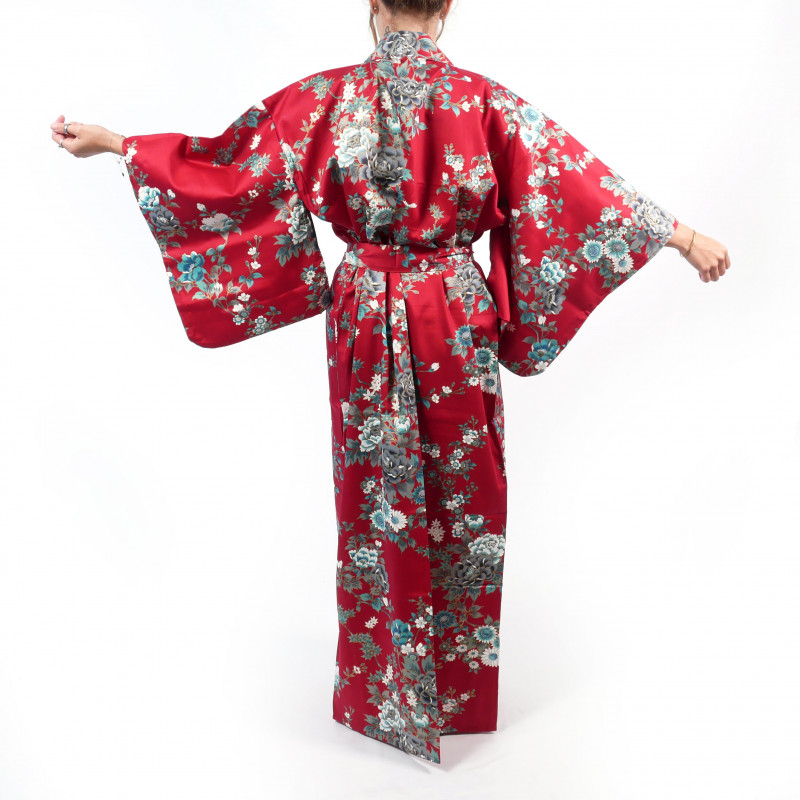 Japanischer traditioneller roter Kimono für Frauen mit Pfingstrose und Kirschblüte