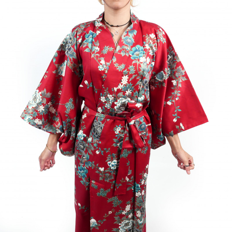 Kimono rojo tradicional japonés para mujer con peonía y flor de cerezo