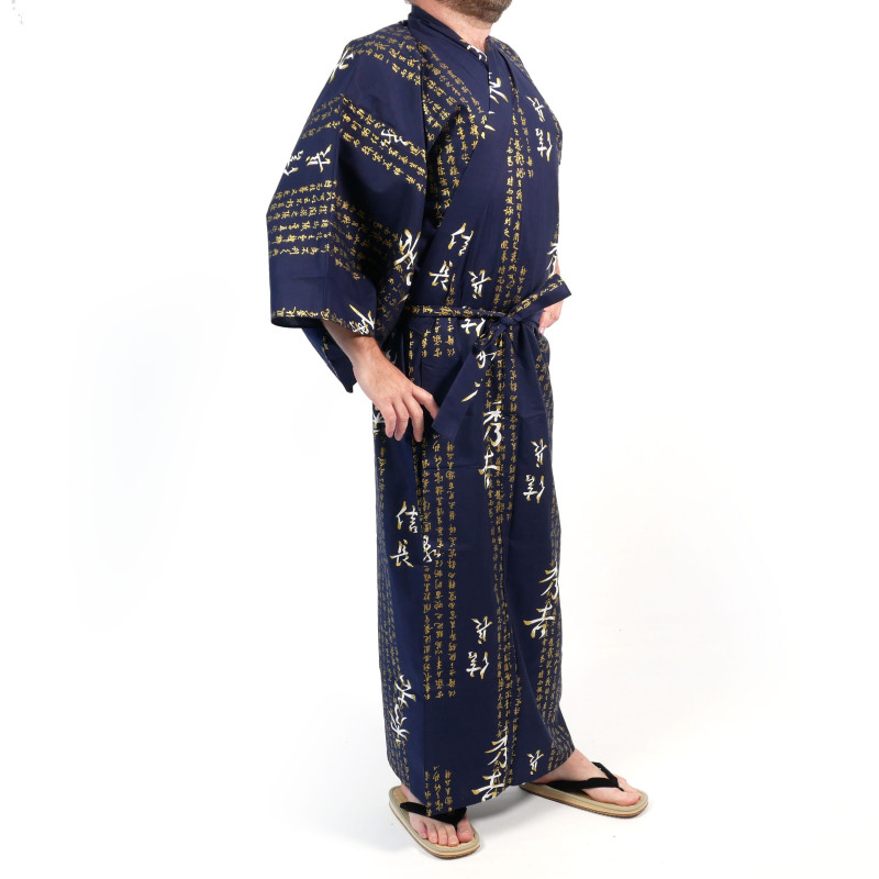 Japanese traditional blue cotton yukata kimono general hideyoshi kanji for men