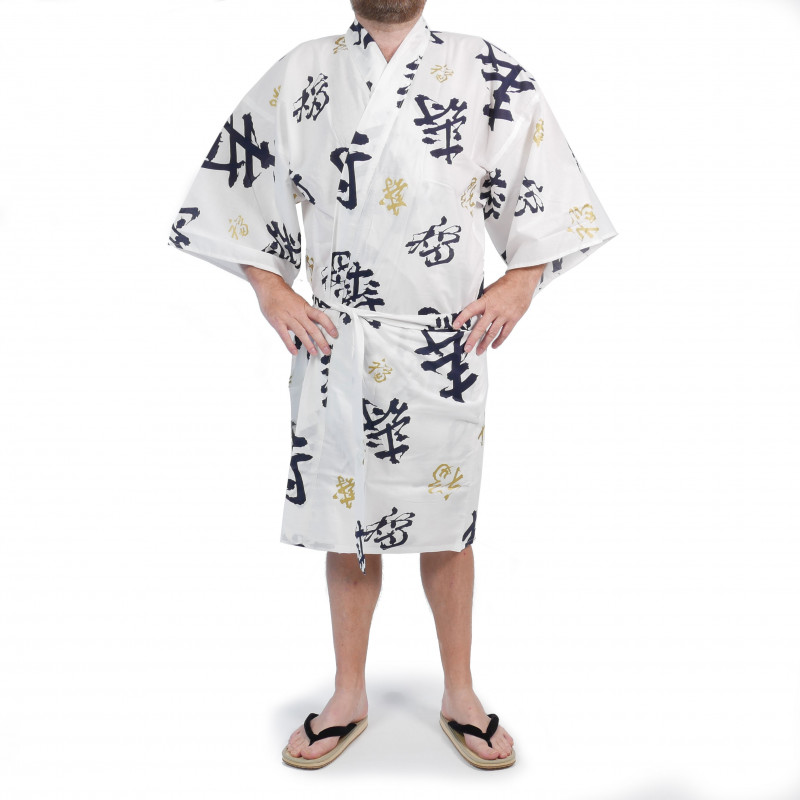 Kimono tradicional japonés happi kanji de longevidad de algodón blanco para hombres