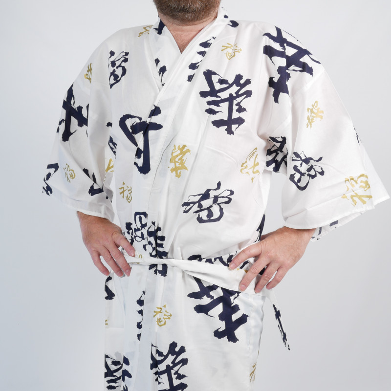 Kimono tradicional japonés happi kanji de longevidad de algodón blanco para hombres