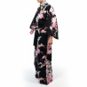 Japanischer traditioneller schwarzer Kimono aus Baumwollsatin mit Pfingstrosen- und Chrysanthemenmuster für Damen, KIMONO BOTAN 