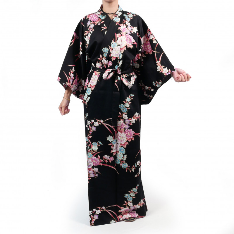 Kimono traditionnel japonais noir en coton satiné motif pivoine et chrysanthème pour femme, KIMONO BOTAN TO KIKU