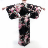 Kimono traditionnel japonais noir en coton satiné motif pivoine et chrysanthème pour femme, KIMONO BOTAN TO KIKU