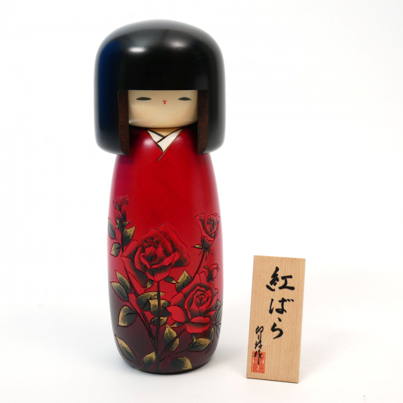 Japanese red kokeshi doll with red rose pattern, BENI BARA
