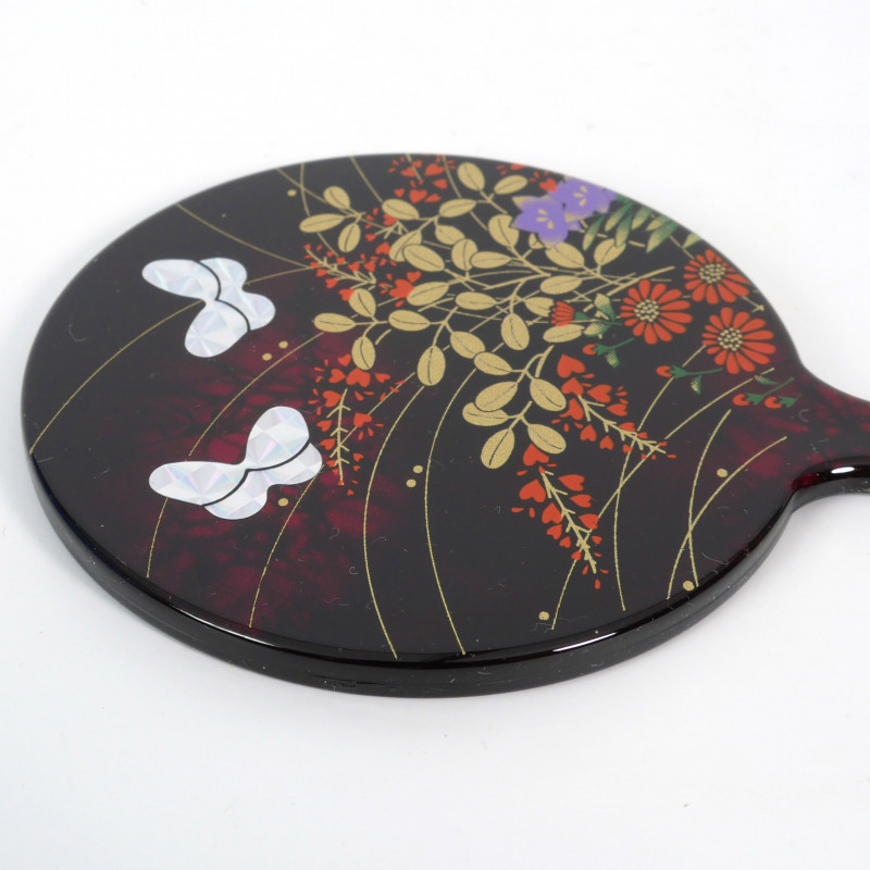 Pequeño espejo japonés de resina negra con estampado de flores y mariposas, MIYABINO