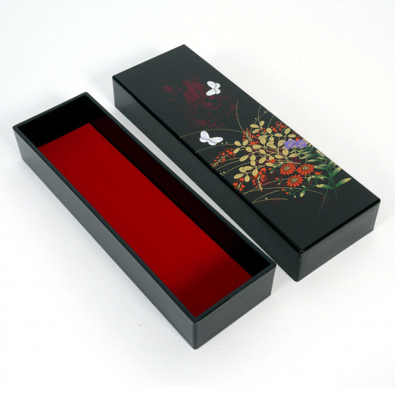 Japanische Aufbewahrungsbox aus schwarzem Kunstharz mit Blumen- und Schmetterlingsmuster, MIYABINO