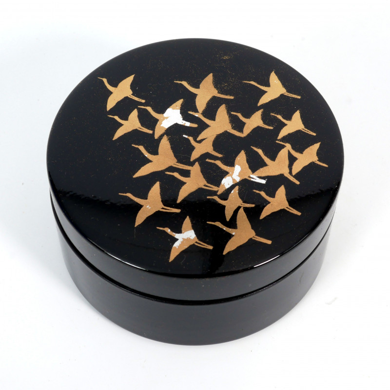 Japanese black resin jewelry box with flight of cranes pattern, GUNKAKU