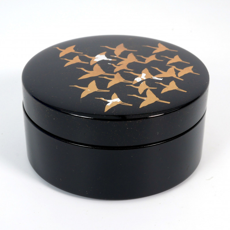 Japanese black resin jewelry box with flight of cranes pattern, GUNKAKU