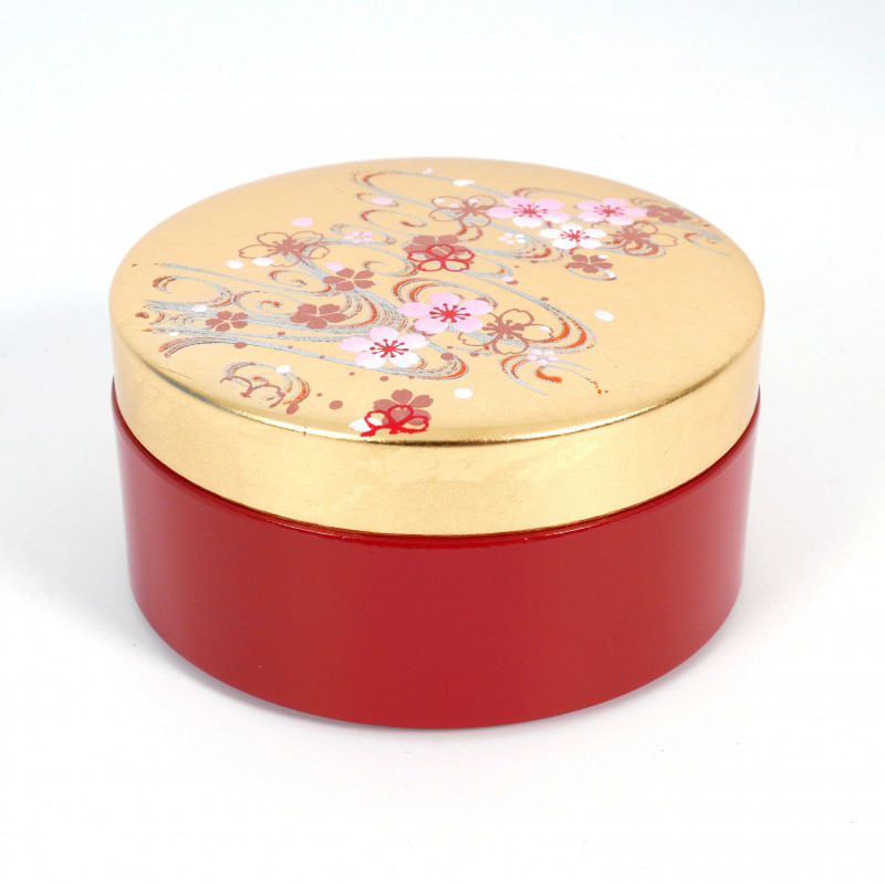 Red and gold Japanese jewelry box in resin with a cherry blossom river motif, SAKURAGAWA