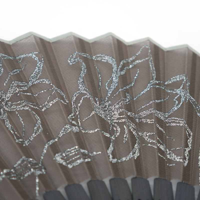 Japanischer schwarzer Fächer aus Polyester und Bambus mit Lilienmuster, LILI, 20,5cm