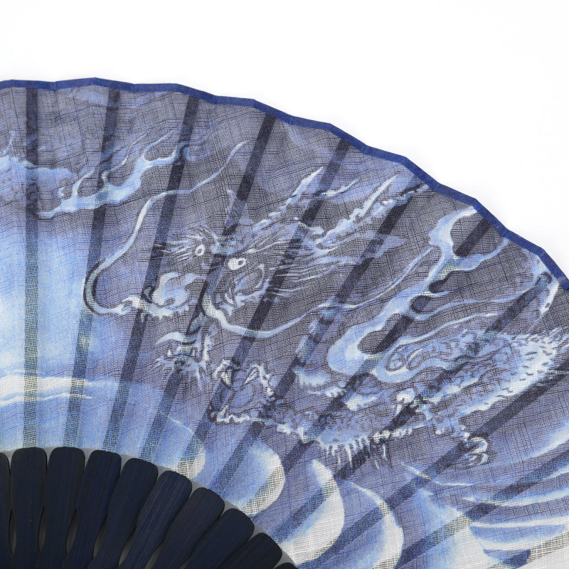 Abanico japonés de bambú y algodón azul con motivo de dragón, RYU, 22cm